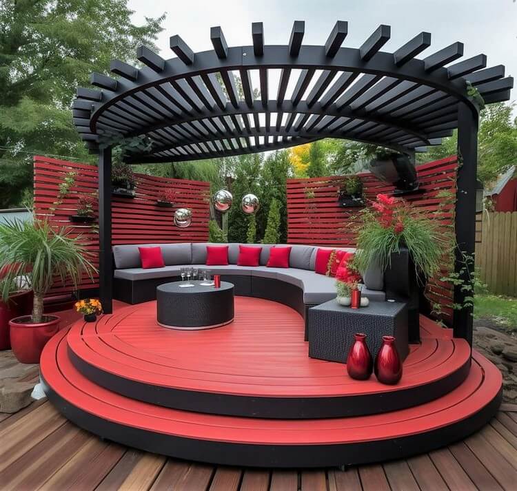 Garden Round Shaped Pergola with Seating and Planters (1)