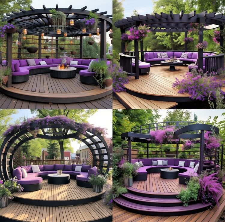 Garden Round Shaped Pergola with Seating and Planters (10)