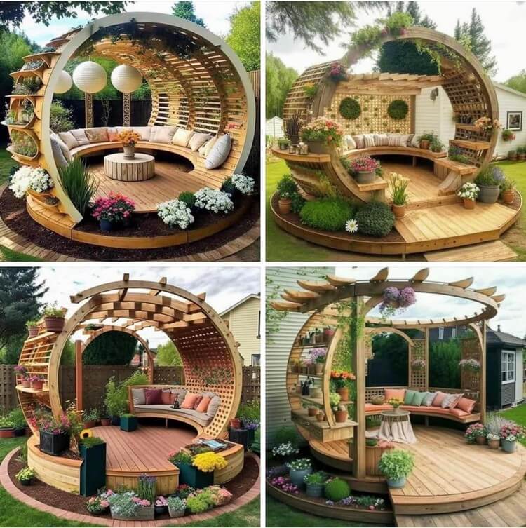 Garden Round Shaped Pergola with Seating and Planters (11)