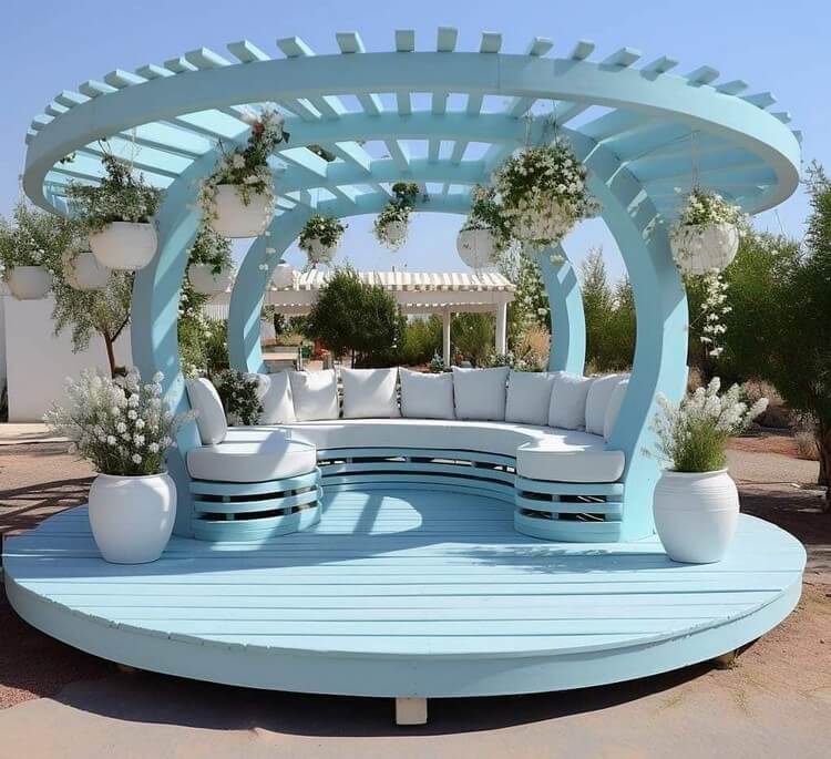 Garden Round Shaped Pergola with Seating and Planters (12)