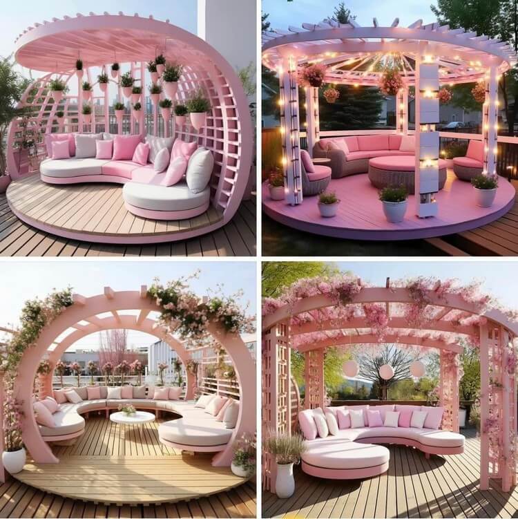 Garden Round Shaped Pergola with Seating and Planters (15)
