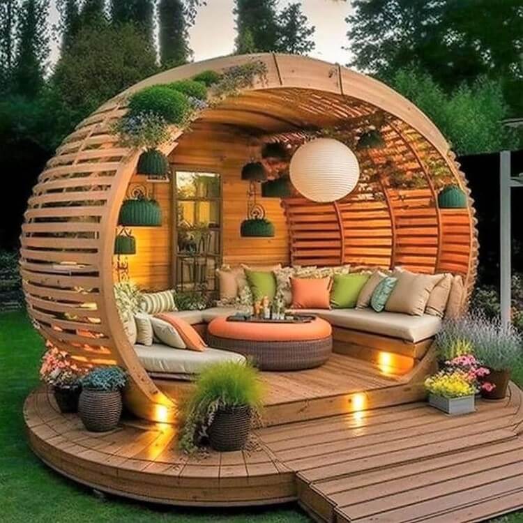 Garden Round Shaped Pergola with Seating and Planters (16)