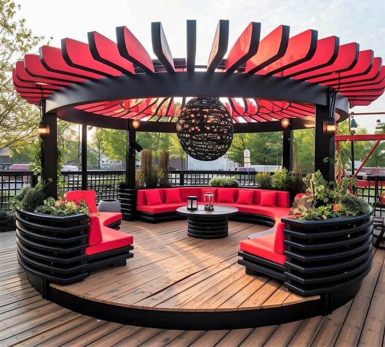 Garden Round Shaped Pergola with Seating and Planters (17)