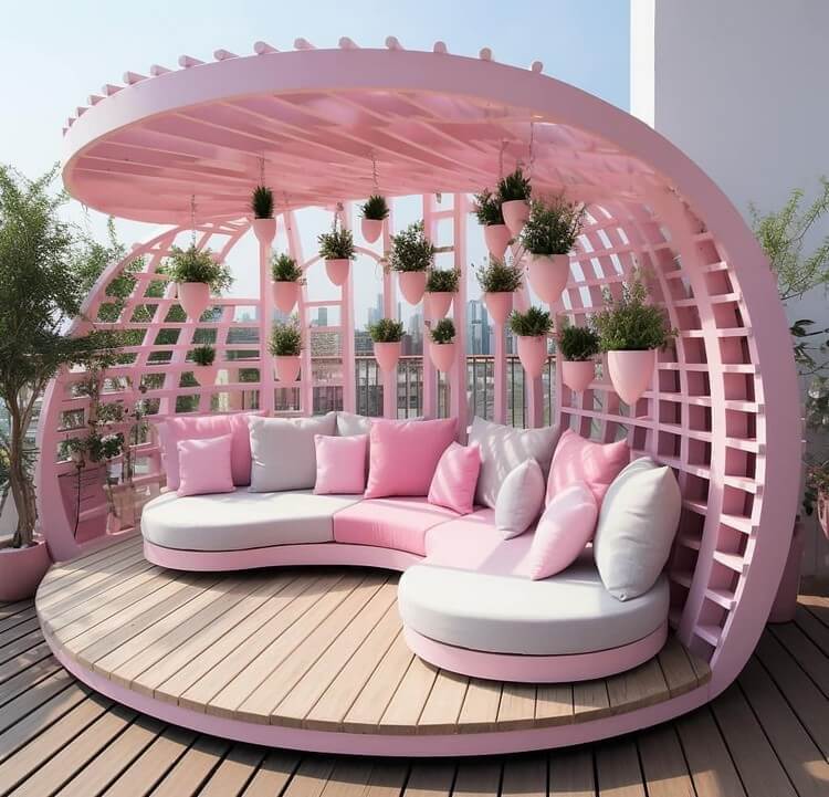 Garden Round Shaped Pergola with Seating and Planters (18)