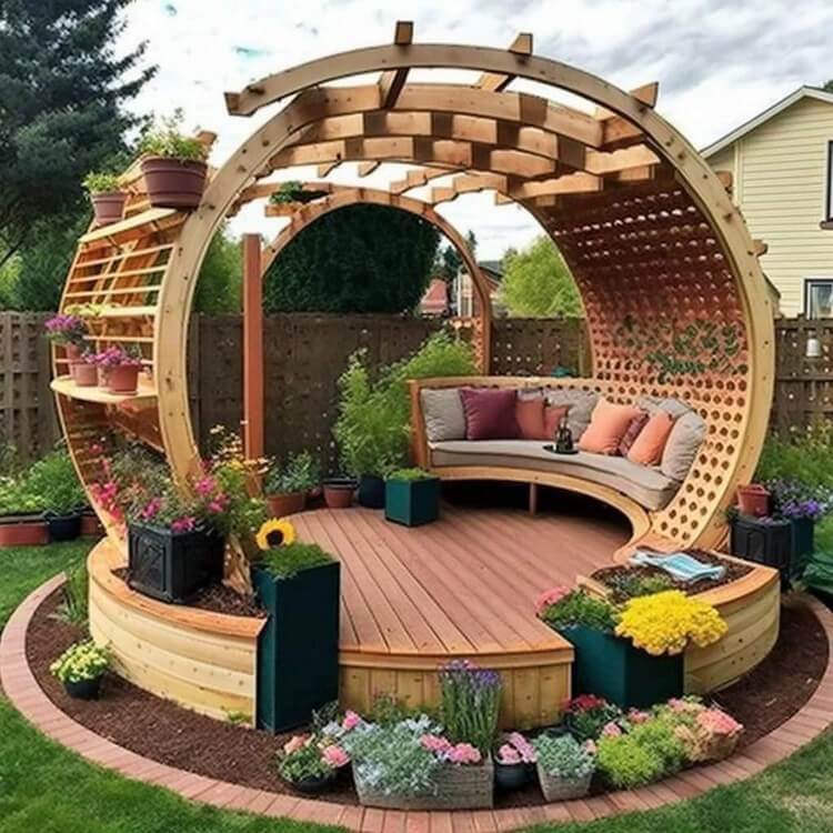 Garden Round Shaped Pergola with Seating and Planters (2)