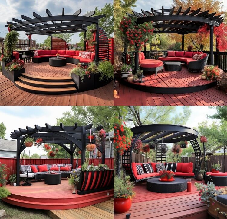 Garden Round Shaped Pergola with Seating and Planters (20)