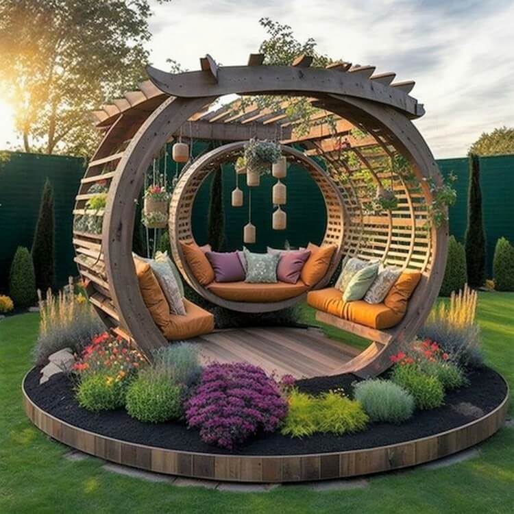 Garden Round Shaped Pergola with Seating and Planters (3)