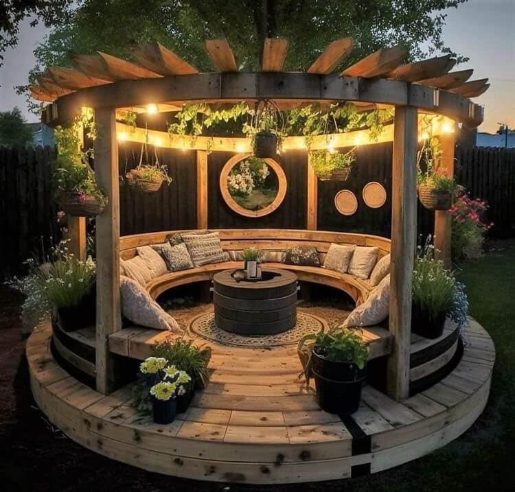 Garden Round Shaped Pergola with Seating and Planters (5)