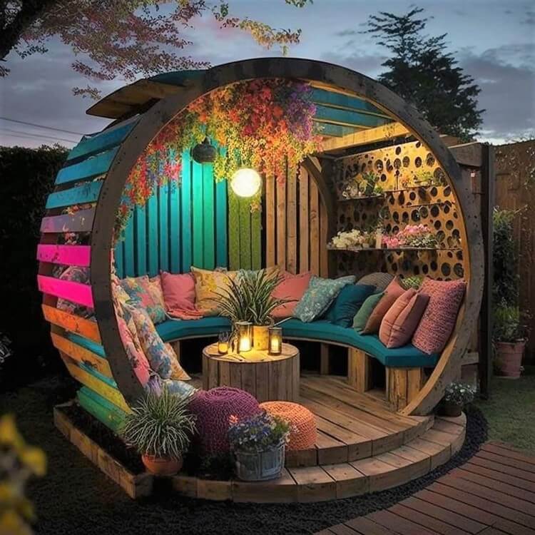 Garden Round Shaped Pergola with Seating and Planters (6)