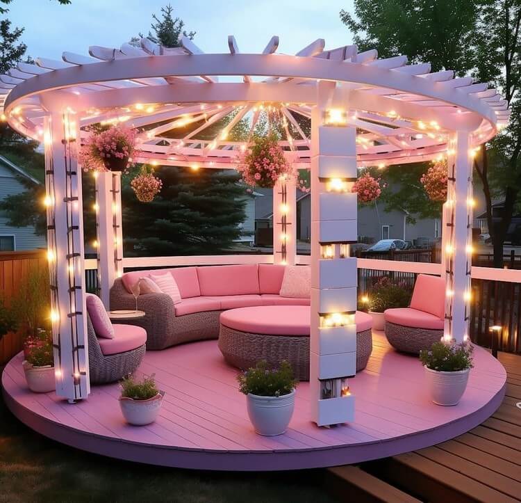 Garden Round Shaped Pergola with Seating and Planters (7)