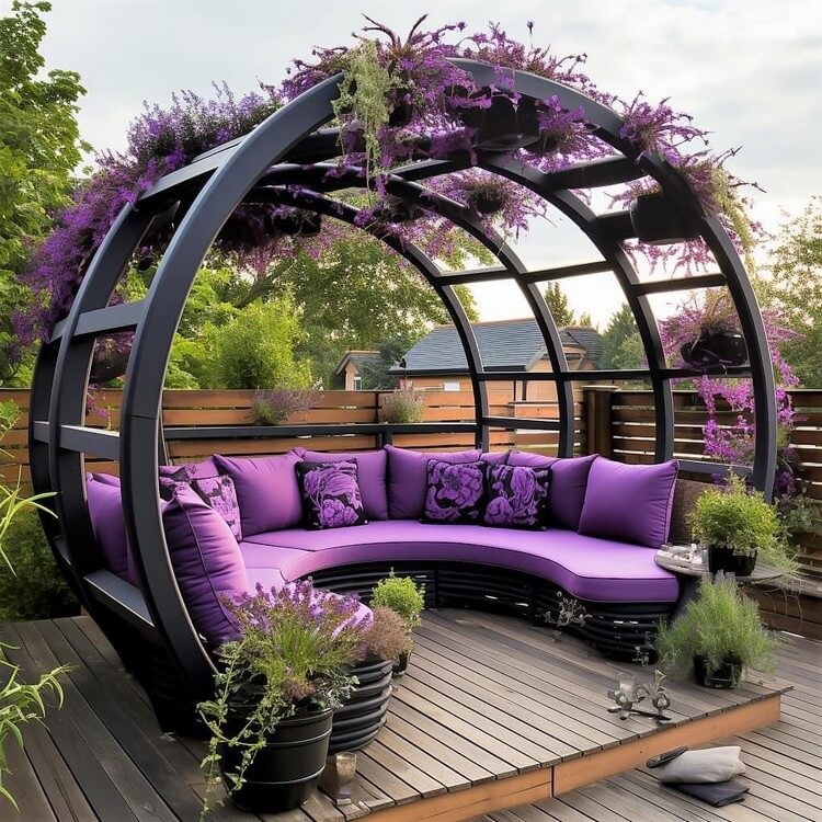 Garden Round Shaped Pergola with Seating and Planters (8)