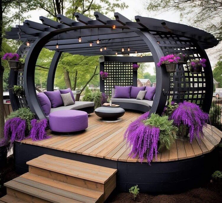 Garden Round Shaped Pergola with Seating and Planters (9)