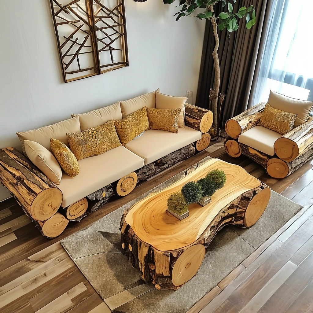 Rustic Comfort Embrace Nature with a Wood Log Couch Set (19)