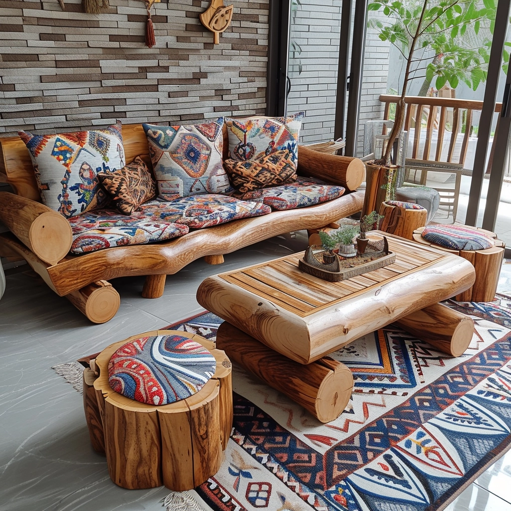 Rustic Comfort Embrace Nature with a Wood Log Couch Set (20)