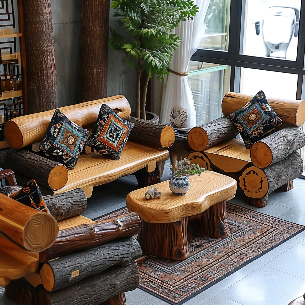 Rustic Comfort Embrace Nature with a Wood Log Couch Set (22)