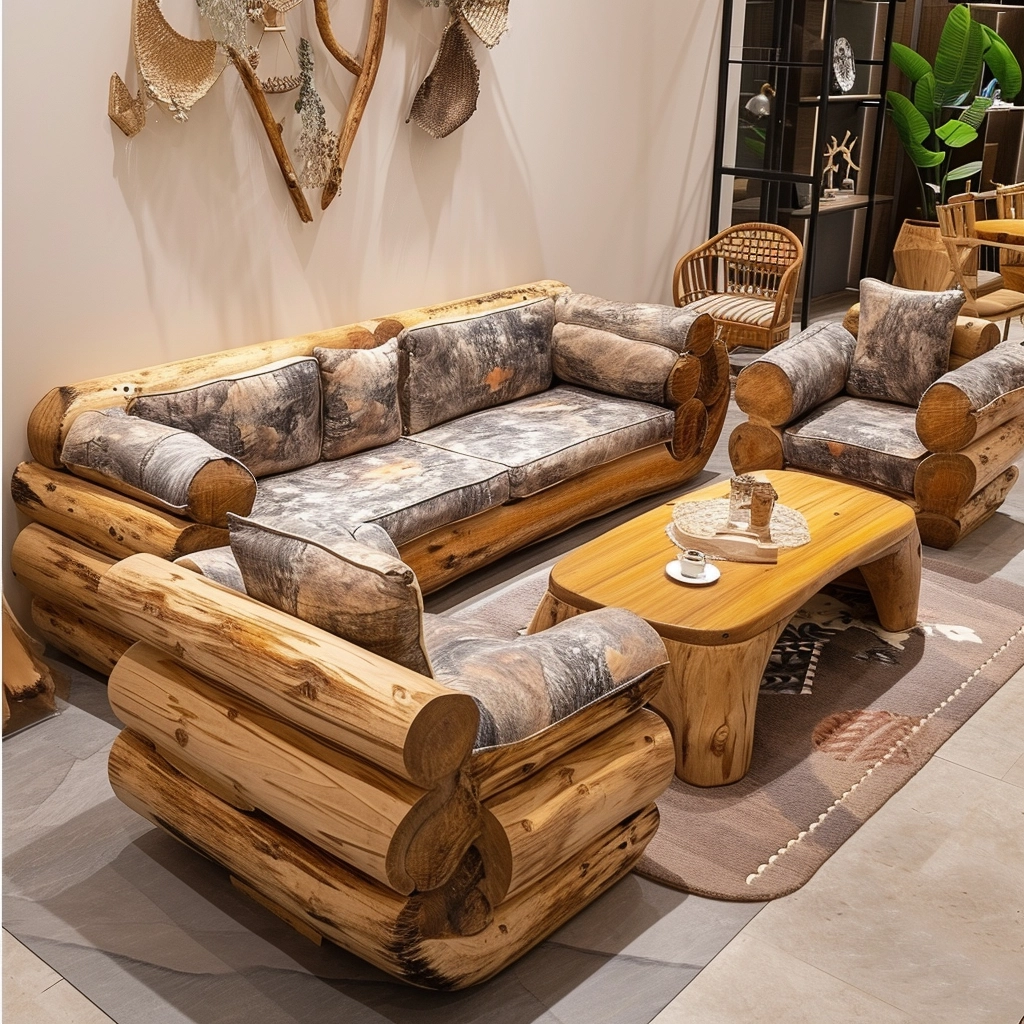 Rustic Comfort Embrace Nature with a Wood Log Couch Set (23)
