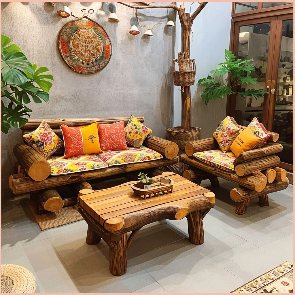 Rustic Comfort Embrace Nature with a Wood Log Couch Set (29)