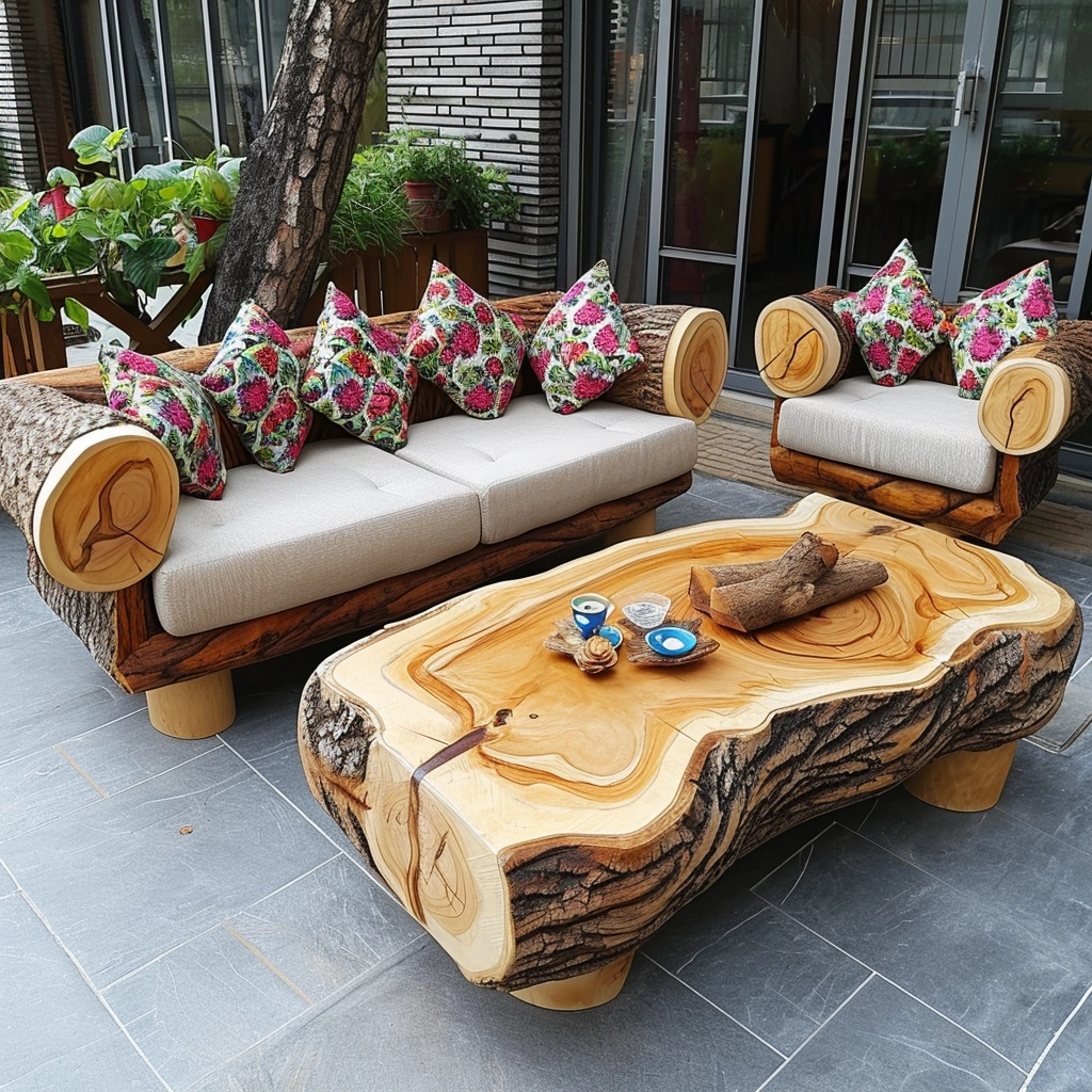 Rustic Comfort Embrace Nature with a Wood Log Couch Set (3)