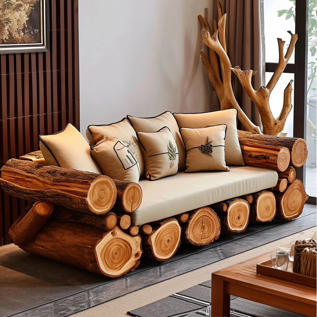 Rustic Comfort Embrace Nature with a Wood Log Couch Set (32)