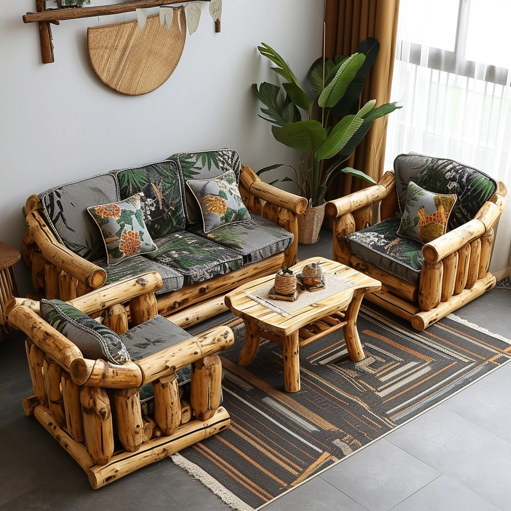 Rustic Comfort Embrace Nature with a Wood Log Couch Set (4)