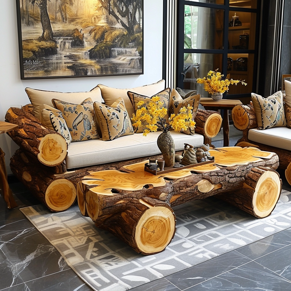 Rustic Comfort Embrace Nature with a Wood Log Couch Set (5)