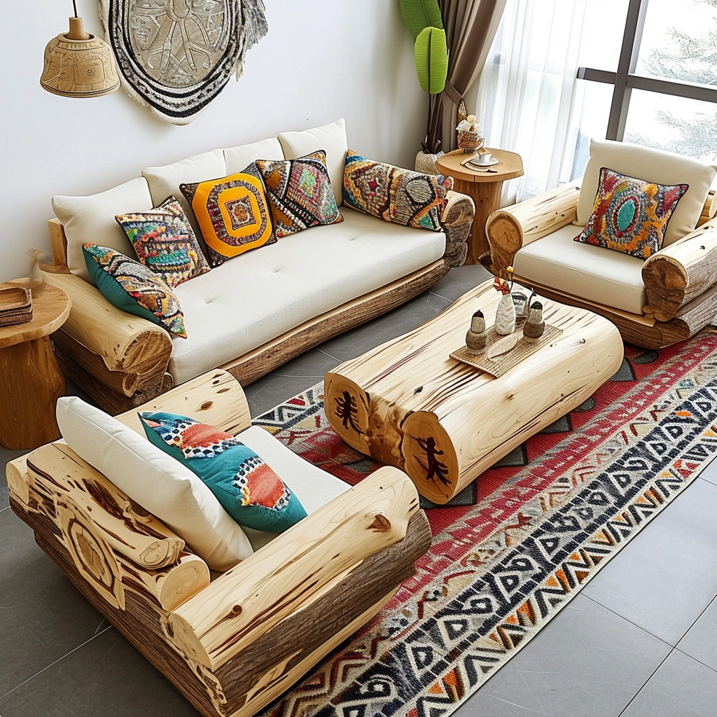 Rustic Comfort Embrace Nature with a Wood Log Couch Set (6)