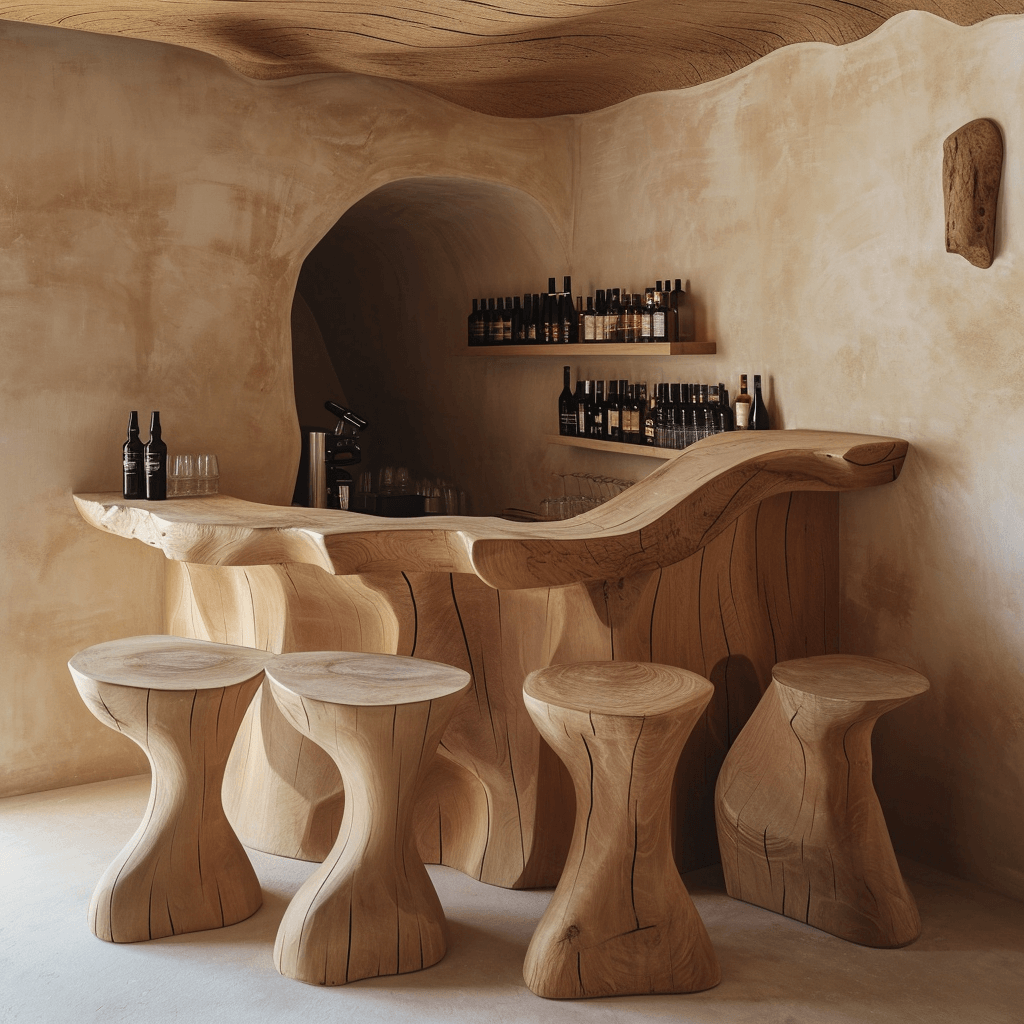 Rustic Elegance Unveiling Our Wooden Bar with Chic Chairs (1)