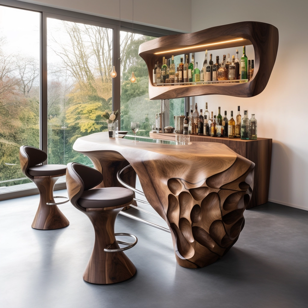 Rustic Elegance Unveiling Our Wooden Bar with Chic Chairs (1)