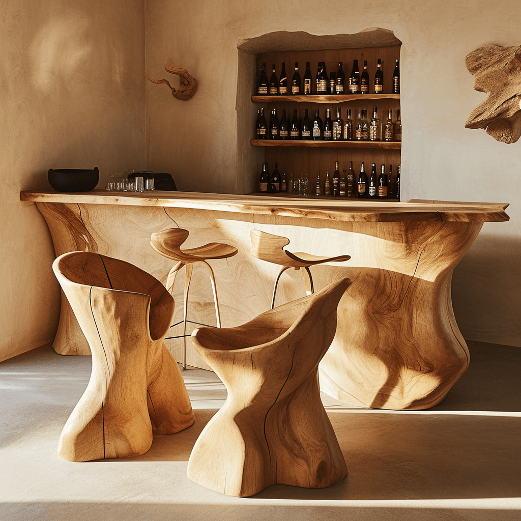 Rustic Elegance Unveiling Our Wooden Bar with Chic Chairs (3)+