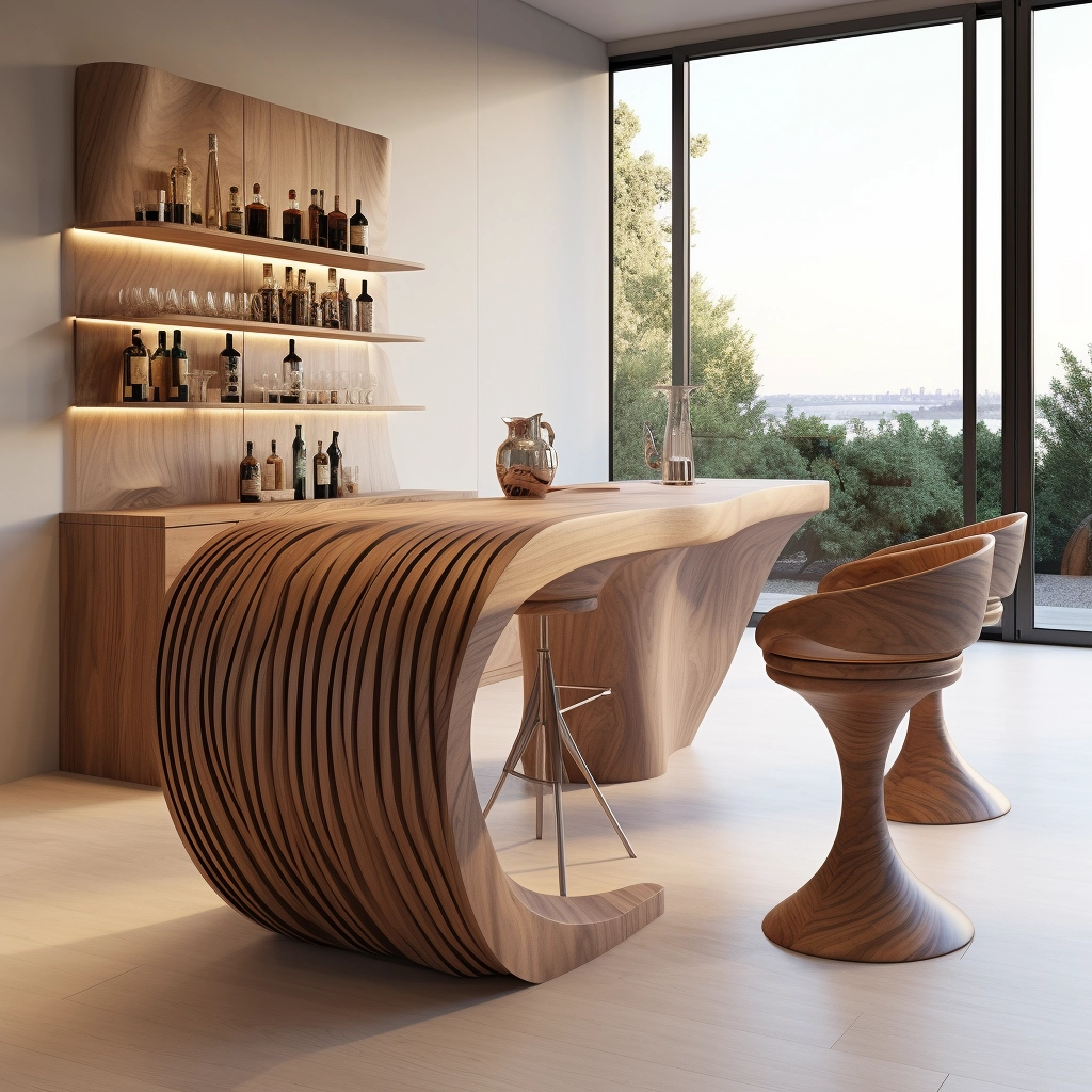 Rustic Elegance Unveiling Our Wooden Bar with Chic Chairs (3)