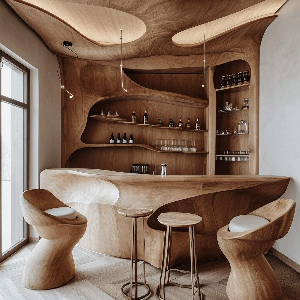 Rustic Elegance Unveiling Our Wooden Bar with Chic Chairs (4)