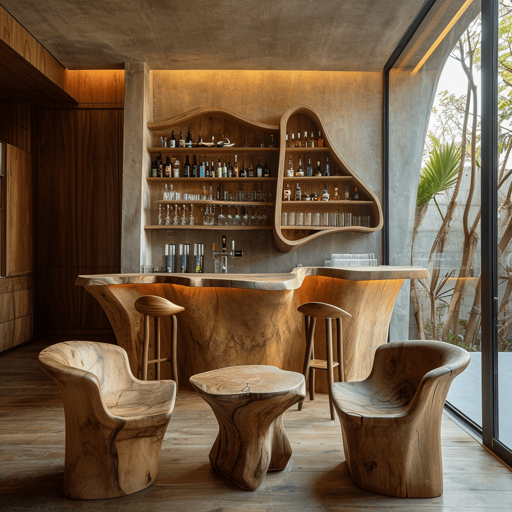 Rustic Elegance Unveiling Our Wooden Bar with Chic Chairs (5)