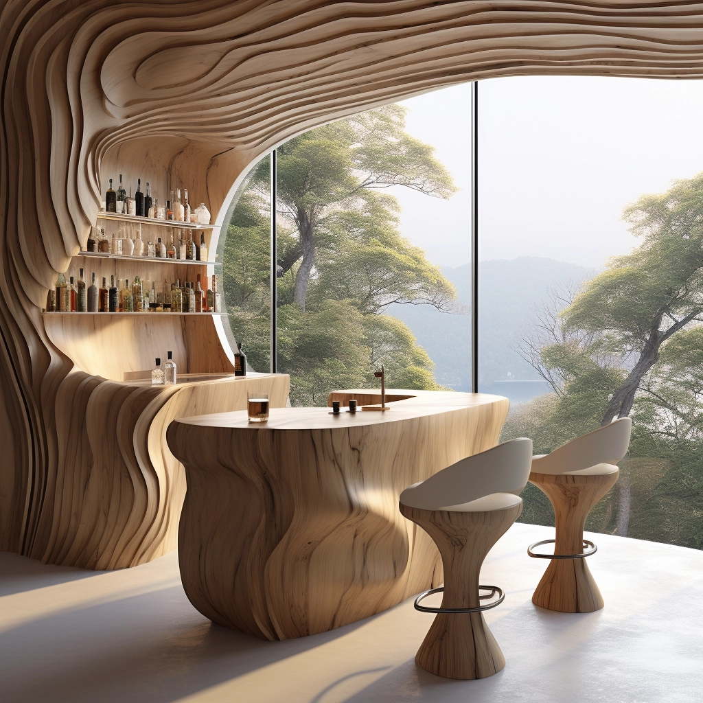 Rustic Elegance Unveiling Our Wooden Bar with Chic Chairs (5)