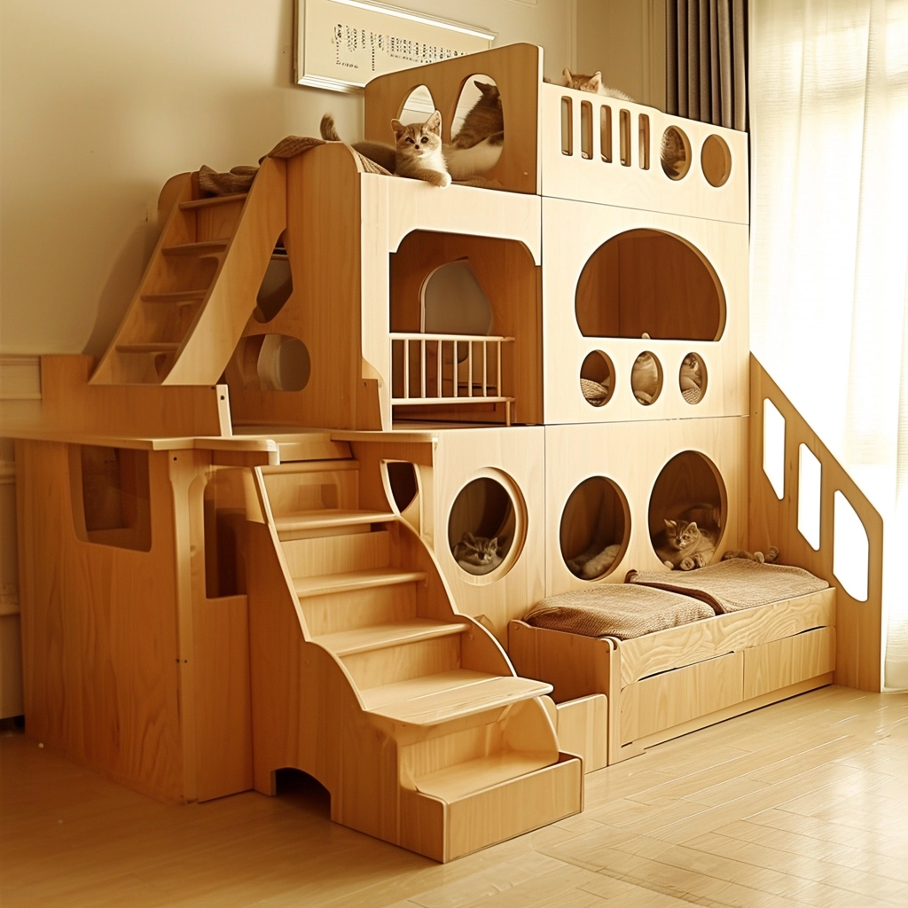 Whisker Haven Discover the Charm of a Wooden Cat House with Bunk Bed Bliss (12)
