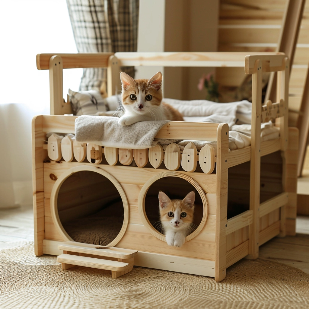 Whisker Haven Discover the Charm of a Wooden Cat House with Bunk Bed Bliss (3)
