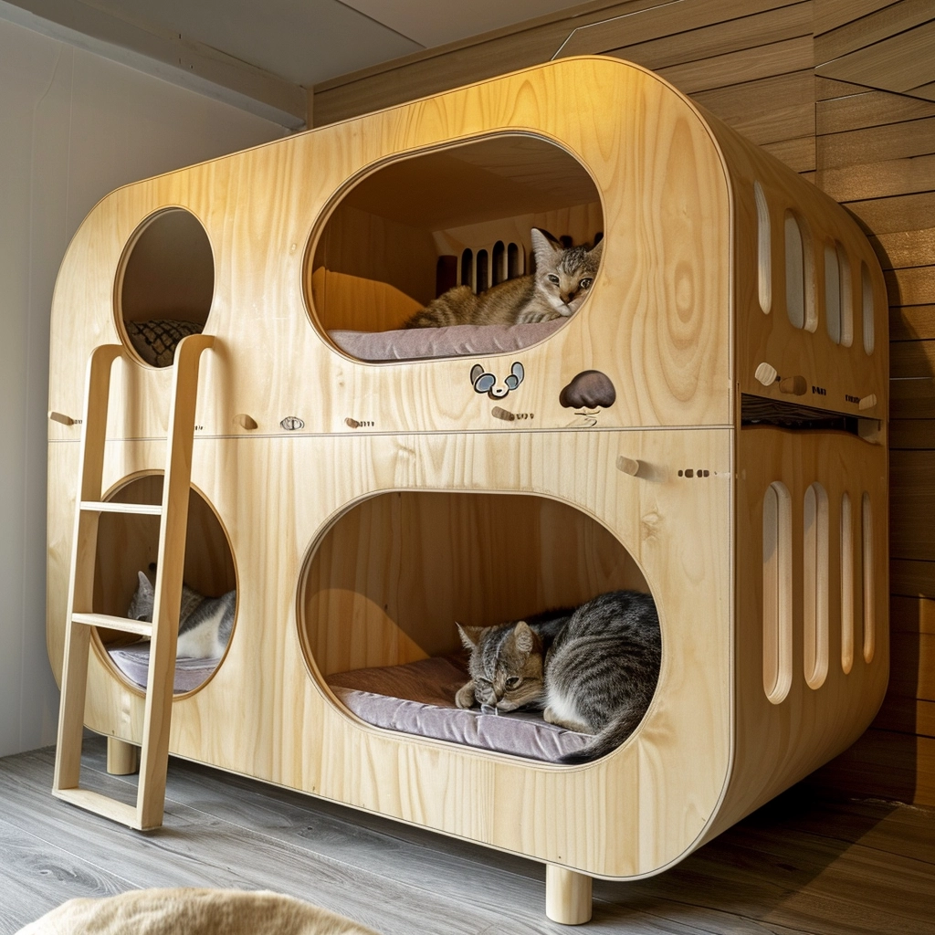 Whisker Haven Discover the Charm of a Wooden Cat House with Bunk Bed Bliss (4)